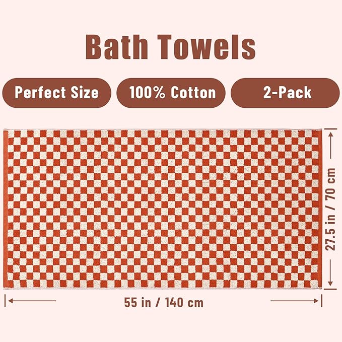 Jacquotha Ultra Soft Bath Towels 2 Pack - 520 GSM Cotton Highly Absorbent Checkered Towels Set for Bathroom, Coral