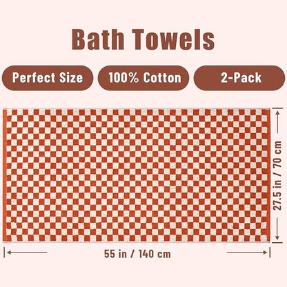 Jacquotha Ultra Soft Bath Towels 2 Pack - 520 GSM Cotton Highly Absorbent Checkered Towels Set for Bathroom, Coral