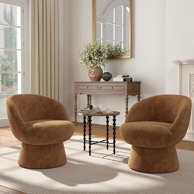 360° Swivel Accent Chair with Curved Back, Modern Brown Chenille Upholstered Round Barrel Chair, Bucket Armchair for Small Space,Living Room, Bedroom