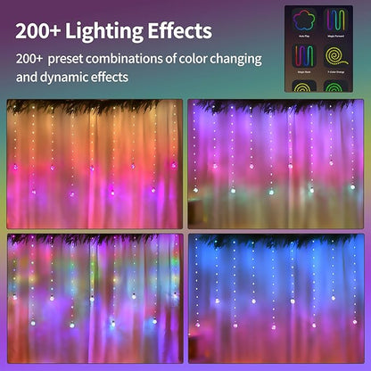 Color Changing Wishing Ball Curtain Lights, 9.8 x 3.3 FT RGB LED Fairy Light with Remote App Control, Music Sync Window Backdrop Wall Hanging Lights for Bedroom Party Halloween Christmas Decoration