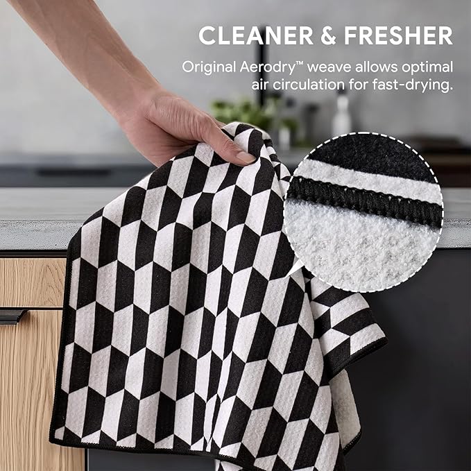 RECYCO Waffle Kitchen Towels Set of 2 Quick Dry Microfiber Sustainable Lightweight Hand Towels Black White Mirage 16x28