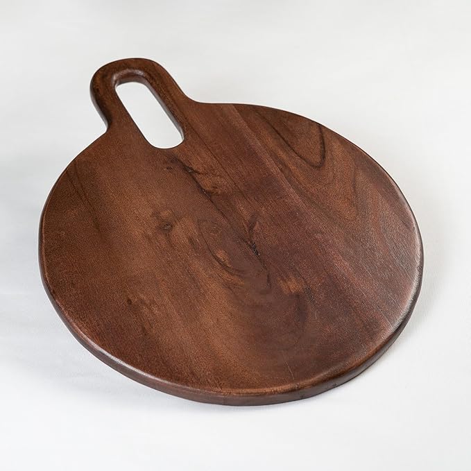 The Fine Living Co. Walnut Round Serveware Board with Handle, Charcuterie Boards, Acacia Wood 0.6" Thick Board, Bread Board for Serving Meat, Cheese, Pizza Peel, Food-grade, 15" × 12"