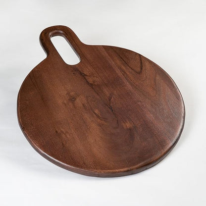 The Fine Living Co. Walnut Round Serveware Board with Handle, Charcuterie Boards, Acacia Wood 0.6" Thick Board, Bread Board for Serving Meat, Cheese, Pizza Peel, Food-grade, 15" × 12"