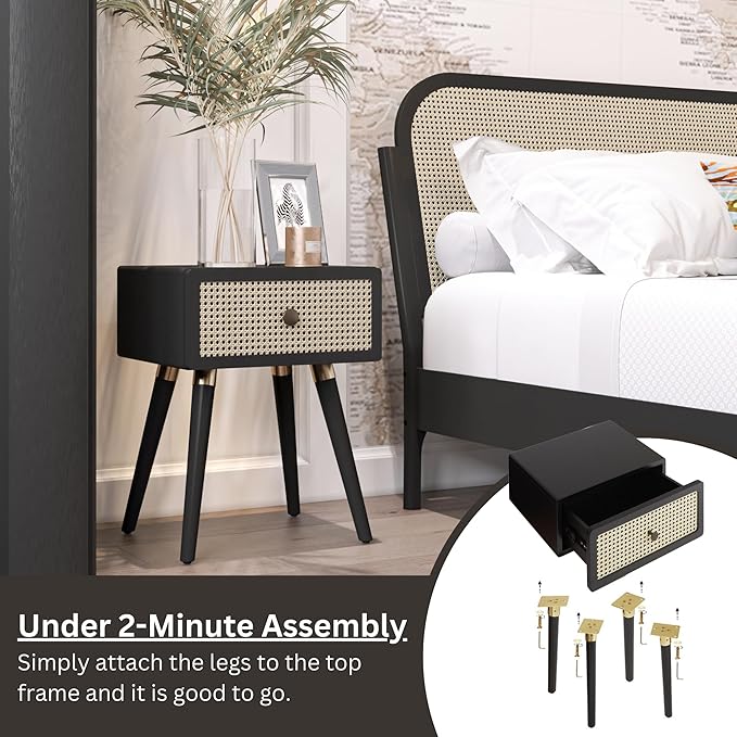 Bme Nipe Black Solid Wood Rattan Woven Cane End Table Bedside Table for Modern Bedroom Boho Living Room