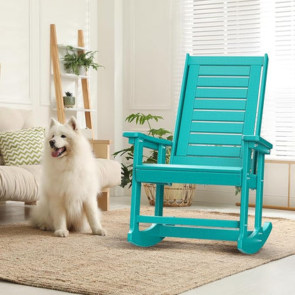 GREENVINES Outdoor Rocking Chairs | Set of 4 | Porch Rocker | HDPE Plastic | Aqua | Oversized Rockers | High Back | Big & Tall | Ladder Back | for Patio Outside Backyard Balcony Garden