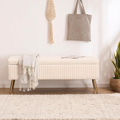 Velvet Storage Bench for Bedroom, Upholstered End of Bed Bench Modern Tufted Ottoman with Gold Legs for Living Room/Window/Entryway(Ivory White, Rectangle-45.5" W)