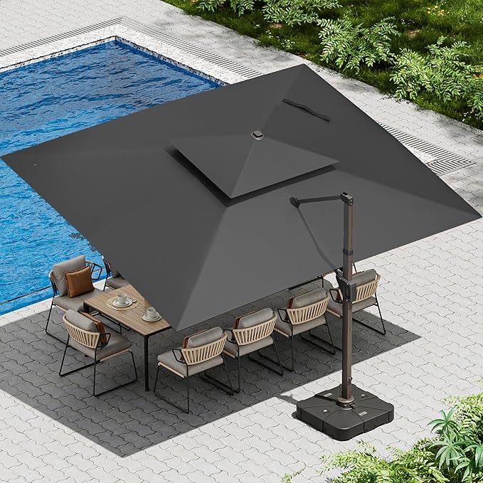 10 X 13 FT Cantilever Patio Umbrella with Base Included Outdoor Heavy Duty Double Top Windproof Rectangle Offset Umbrellas with 360-degree Rotation for Pool Deck Backyard, Grey