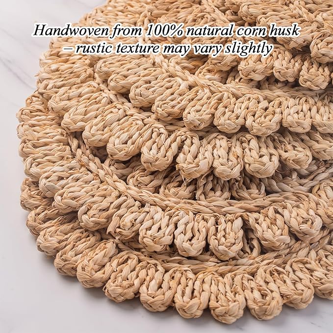 13.8" Set of 10 Round Corn Husk Placemats | Boho Woven Rattan Table Mats | Farmhouse Wicker Spring Plate Chargers Like Water Hyacinth, Seagrass for Wedding, Party, Christmas, Events