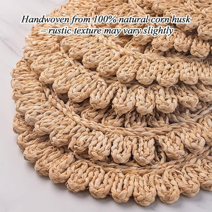 13.8" Set of 10 Round Corn Husk Placemats | Boho Woven Rattan Table Mats | Farmhouse Wicker Spring Plate Chargers Like Water Hyacinth, Seagrass for Wedding, Party, Christmas, Events