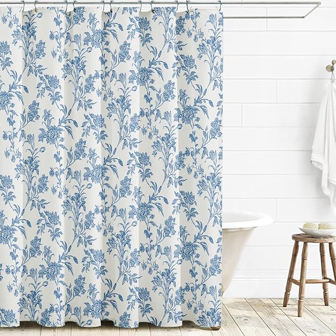Extra Long Shower Curtain Blue Floral Cotton Cottagecore Shower Curtain for Bathroom 72" W x 84" L
