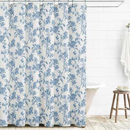Extra Long Shower Curtain Blue Floral Cotton Cottagecore Shower Curtain for Bathroom 72" W x 84" L