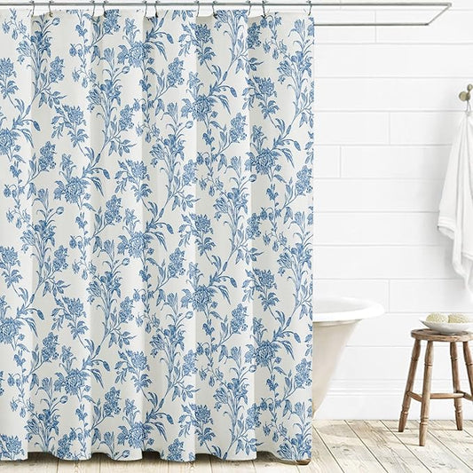 Extra Long Shower Curtain Blue Floral Cotton Cottagecore Shower Curtain for Bathroom 72" W x 84" L