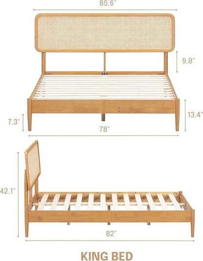 NTC Lupin Wooden Bed Frame with Headboard and Natural Rattan, Solid Oak/Rubber Wood Foundation with Silent Slats, 1000 Lb Capacity, Effortless Assembly (Natural Cane - Rustic Oak, King)