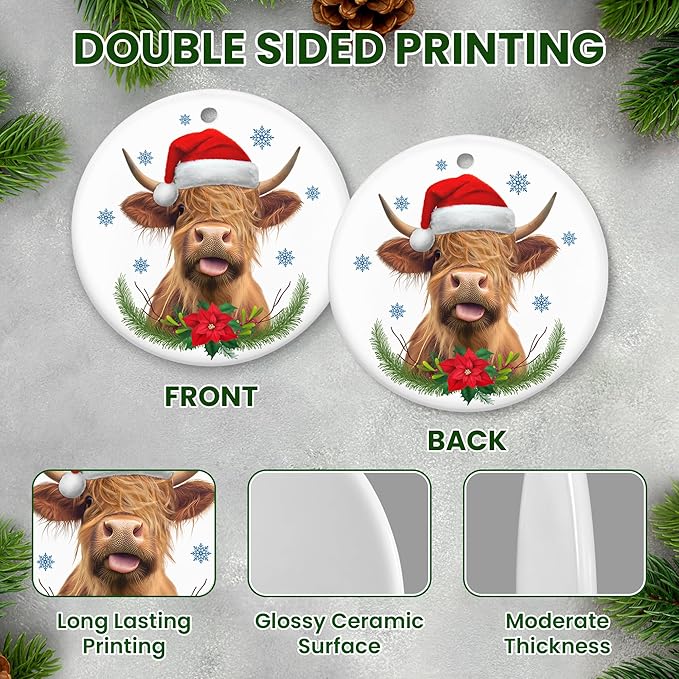 OASSIE Highland Cow Christmas Ornaments Gifts for Women Men - Ceramic Ornaments 2025 for Tree Decorations - Cow Ornament for Farmhouse Decorations, Hanging Ornament for Rustic Tree, Farm Animal Gifts