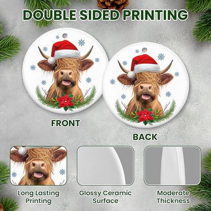 OASSIE Highland Cow Christmas Ornaments Gifts for Women Men - Ceramic Ornaments 2025 for Tree Decorations - Cow Ornament for Farmhouse Decorations, Hanging Ornament for Rustic Tree, Farm Animal Gifts