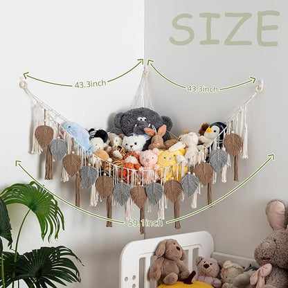 Pretty Jolly Stuffed Animal Storage with Hand Woven Leaf Tassels Hammock Corner Hanging Net Boho Macrame Plush Storage for Kid Room Nursery Decor Wall Display for Girls Gift(Gray&Coffee)