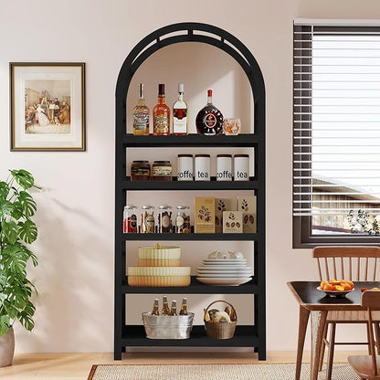 5-Tier Solid Wood Open Bookcase, Modern Arched Bookshelf, Home Office Shelf Storage Organizer, Storage Display Rack Shelf for Living Room (Black)