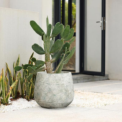 LuxenHome 14" Dia Rustic Weathered Cement Round Planter, Large Outdoor Indoor Plant Pot with Drainage Hole and Rubber Plug, Distressed Decorative Flower Pot for Home Garden Patio Porch