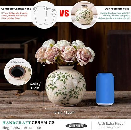 Green and Beige Pastoral Vase, Vintage Round Ceramic Floral Vases, Decorative Rustic Farmhouse Vase for Flowers, Living Room, Office Chinoiserie Home Decor, Tuscan Cottage Core Centerpiece 5.9 Inch
