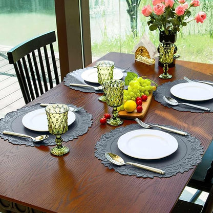 Noctiflorous Round Faux Leather 15 Inch Placemats Set of 6 Waterproof Wipeable Heat Resistant Tablemat for Dining Table Kitchen Non Slip Washable Oilproof Table Place Mat(Graphite Gray, 6)