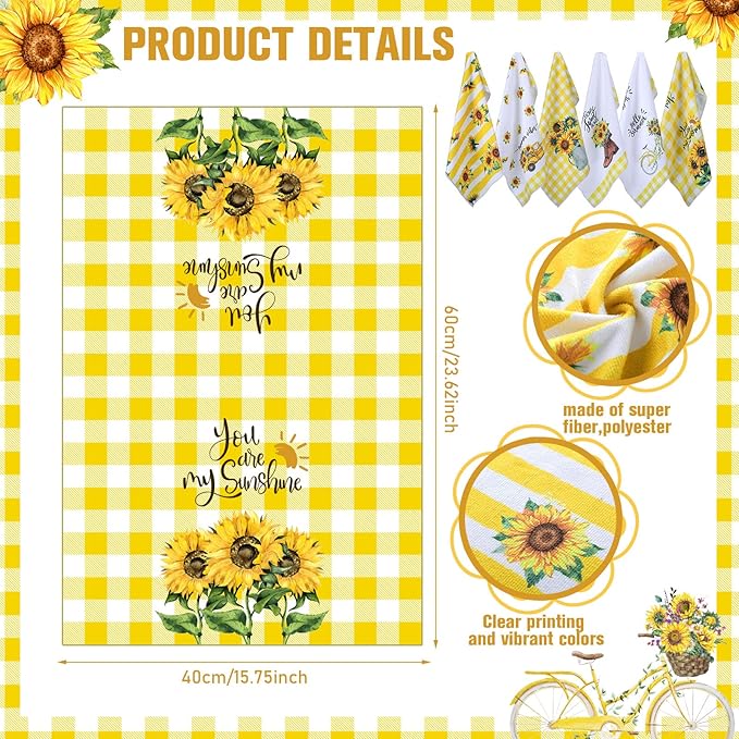 Oudain Kitchen Dish Towels Set of 6 Sunflower Absorbent Tea Towels Decorative Reusable Towels Housewarming Gift