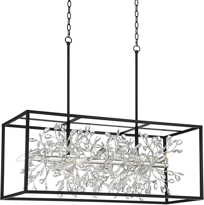 Possini Euro Design Carrine Black Silver Metal Rectangle Linear Pendant Chandelier 38 1/2" Wide Modern Clear Crystal Flower Vine 8-Light Fixture for Kitchen Island Dining Room House High Ceilings