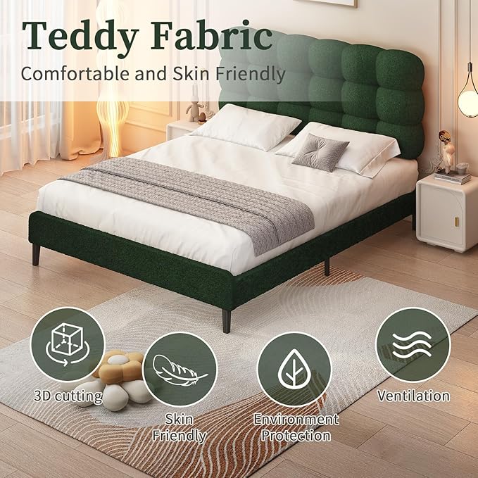 BarnFurin Full Size Bed Frame with Upholstered Headboard, Teddy Soft Boucle Fabric, Platform Bed with Strong Wooden Slats Support, Two Bed Forms Design, No Boxing Spring Needed, Easy Assembly, Green