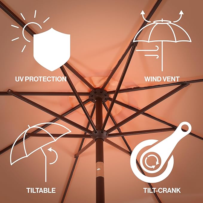 JONATHAN Y UMB1002E Tracy 9 ft. Classic MidCentury Scalloped Fringe Market Patio Umbrella with Auto-Tilt, Crank, Wind Vent and UV Protection in Coral Pink/White