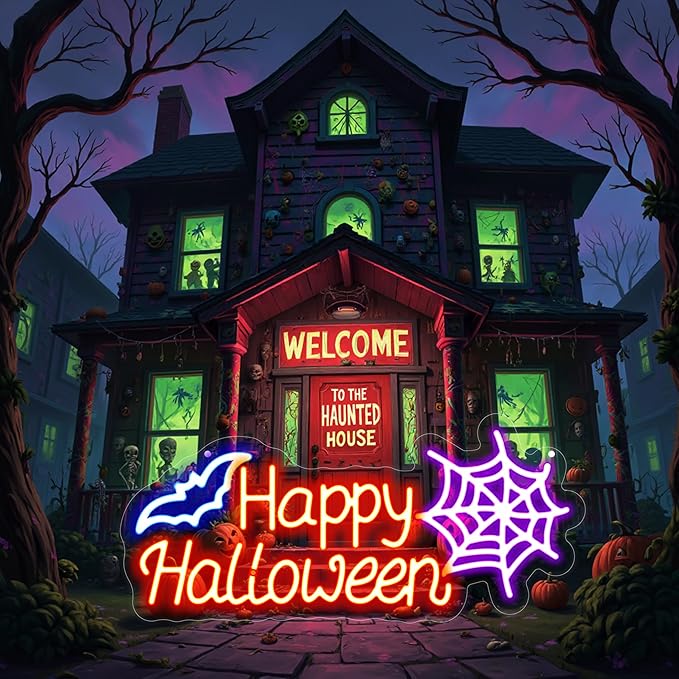 Happy Halloween Neon Sign, Halloween Hanging Neon Sign for Bat Neon Light Halloween Bedroom Kids Room Bar Club Decoration Gift Seasonal Outdoor Party Backdrop Haunted House Decor Banner
