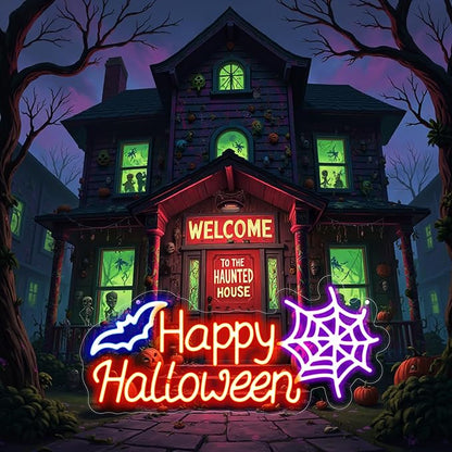 Happy Halloween Neon Sign, Halloween Hanging Neon Sign for Bat Neon Light Halloween Bedroom Kids Room Bar Club Decoration Gift Seasonal Outdoor Party Backdrop Haunted House Decor Banner