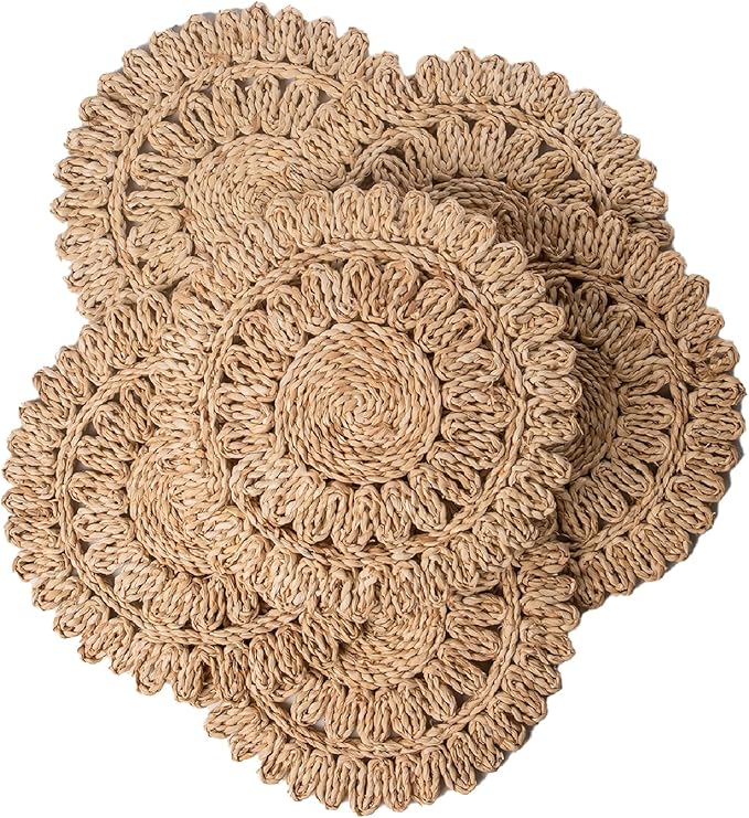 13.8" Round Corn Husk Placemats Set of 6 | Boho Rattan Woven Table Mats | Farmhouse Spring Plate Chargers Like Water Hyacinth, Seagrass for Wedding, Party, Christmas, Events