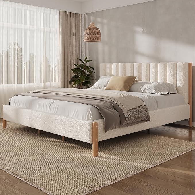 Queen Size Bed Frame, Upholstered Cloud Boucle Platform Beds Frames with Headboard, Anti-Collision Soft Rounded Corners Footboard, No Box Spring Required, Easy Assembly (39.8" White, Queen)