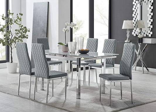 Furniturebox UK Enna White Glass Extending Dining Table and 6 Grey Milan Chairs