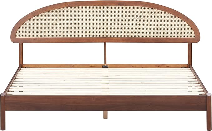 NTC Gem Wooden Bed Frame with Headboard and Natural Rattan, Solid Oak/Rubber Wood Foundation with Silent Slats, 1000 Lb Capacity, Effortless Assembly (Natural Cane - Dark Walnut, King)
