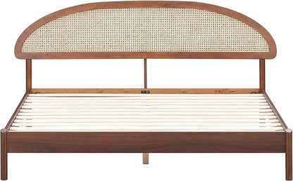 NTC Gem Wooden Bed Frame with Headboard and Natural Rattan, Solid Oak/Rubber Wood Foundation with Silent Slats, 1000 Lb Capacity, Effortless Assembly (Natural Cane - Dark Walnut, King)