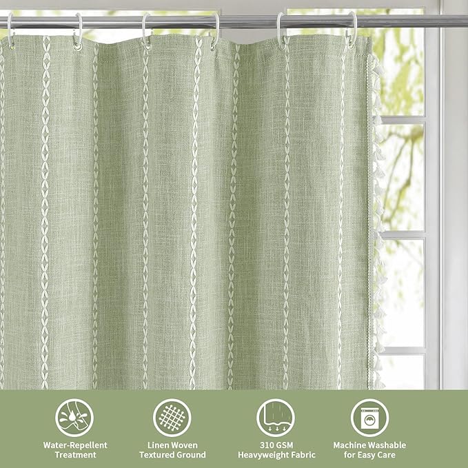 MitoVilla Sage Green Shower Curtain 72 x 78, Boho Farmhouse 78 inch Long Polyester Linen Tassel Ultra Thick Heavy Duty Fabric Shower Curtains for Chic Cottagecore French Rustic Bathroom Decor