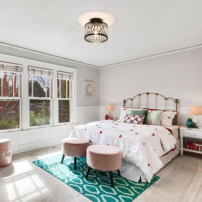 Crystal Ceiling Light Fixture, Modern Semi Flush Mount Ceiling Light,Crystal for Kitchen Bedroom Bathroom Entryway Black (Bulb not Included)