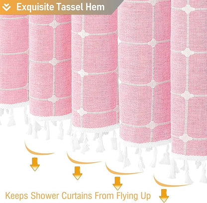BTTN Boho Farmhouse Shower Curtain - Linen Rustic Heavy Duty Fabric Shower Curtain Set with Tassel, Water Repellent, Bohemian Vintage Country Thick Cloth Shower Curtains for Bathroom - Pink - 72x72