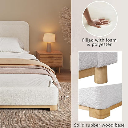 King Size Bed Frame, Upholstered Cloud Boucle Platform Beds Frames with Headboard, Anti-Collision Soft Rounded Corners Footboard, No Box Spring Required, Easy Assembly (40" White, King)