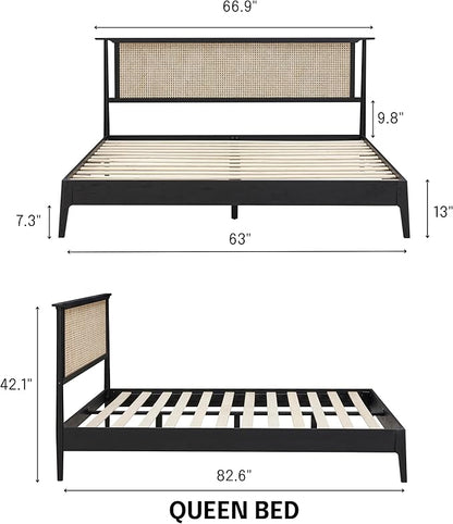 NTC Ruby Wooden Bed Frame with Headboard and Natural Rattan, Solid Oak Foundation with Silent Slats, 1000 Lb Capacity, Effortless Assembly, Queen - Burnt Black