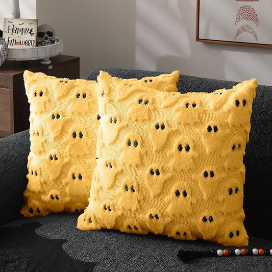 DFXSZ Halloween Pillow Covers 18x18 inch Set of 2 Yellow Ghost Throw Pillow Cases Soft Plush Faux Fur Wool Cushion Case for Chair Bedroom Living Room Home Decor PTK03H18