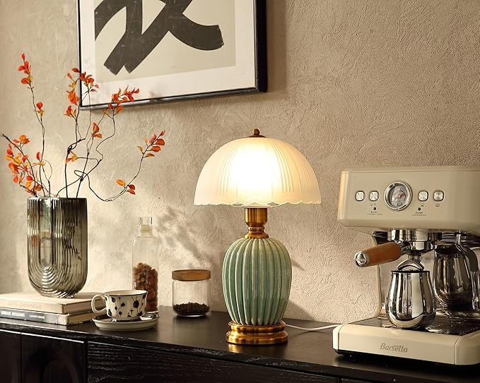 Vintage Lamp for Living Room,16" Modern Ceramic Table Lamps for Bedroom,Retro Bedside Nightstand Traditional Lamps, Classic Chinoiserie Green Lamp for Home Decor (LD003)