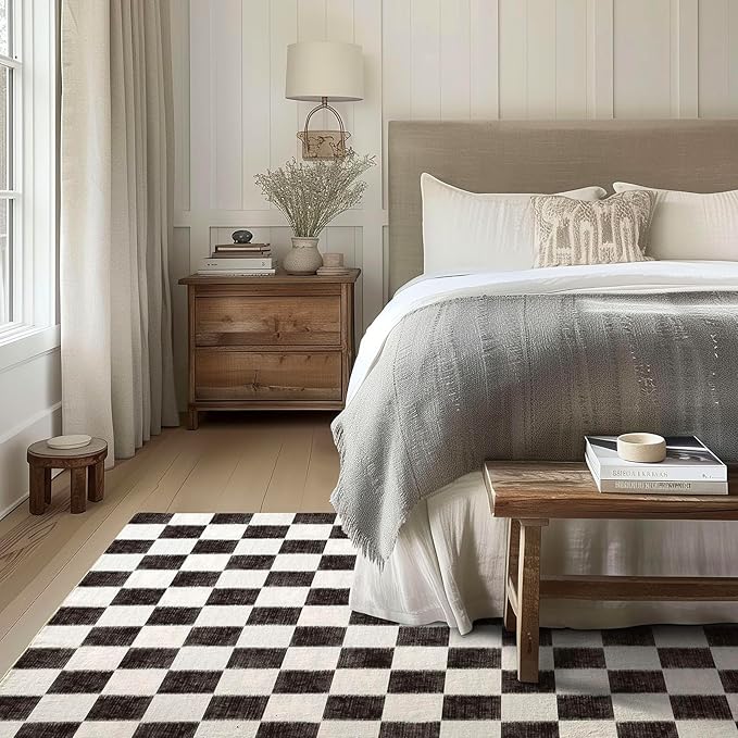 EVERGRACE Checkered Plaid Area Rug 5x7, Soft Faux Wool Rugs Washable Anti Slip Rugs Large Rug Carpet for Entryway Bedroom Living Room Hallway Kitchen Dining Room and Laundry Room, Black