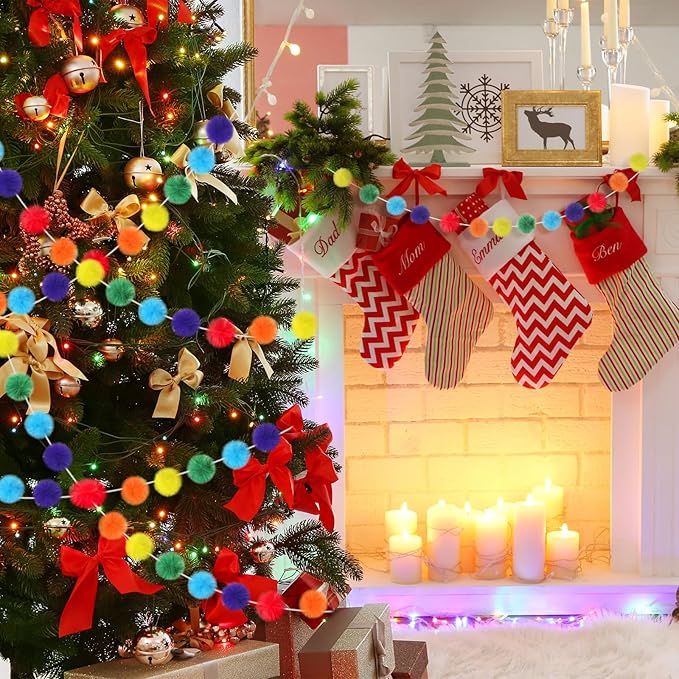 2 Pack Large Pom Poms Garland Hanging Decorations Colorful Soft Faux Rabbit Fur Ball Garland for Easter Xmas Holiday Wedding Baby Shower Birthday Party Supplies(Bright Color,2.36 Inch)