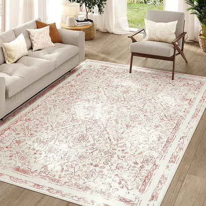 jinchan Vintage Floral Washable Area Rug 5x7 Distressed Faux Wool, Red