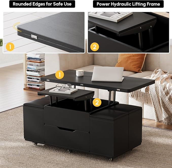 homary Coffee Table with Stools, Black 3-in-1 Modern Lift-Top Folding Center Table with Hidden Storage, Casters, and Lockable Wheels – Convertible Dining & Office Table for Living Room