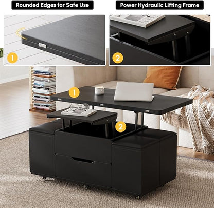 homary Coffee Table with Stools, Black 3-in-1 Modern Lift-Top Folding Center Table with Hidden Storage, Casters, and Lockable Wheels – Convertible Dining & Office Table for Living Room