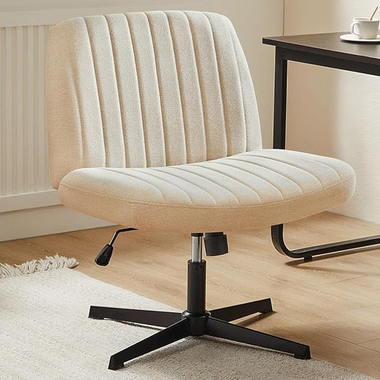 DUMOS Criss Cross Chair No Wheels Wide Cross Legged Desk Vanity Chair Comfy Fabric Armless Adjustable Swivel for Home Computer Task (Beige)