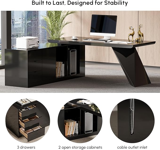 homary 70.9" Modern L-Shape Executive Desk, Home Office Desk with Drawers & Cabinet Modern Computer Desk for Home Business Furniture, Black, Left Hand