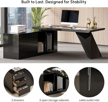 homary 70.9" Modern L-Shape Executive Desk, Home Office Desk with Drawers & Cabinet Modern Computer Desk for Home Business Furniture, Black, Left Hand